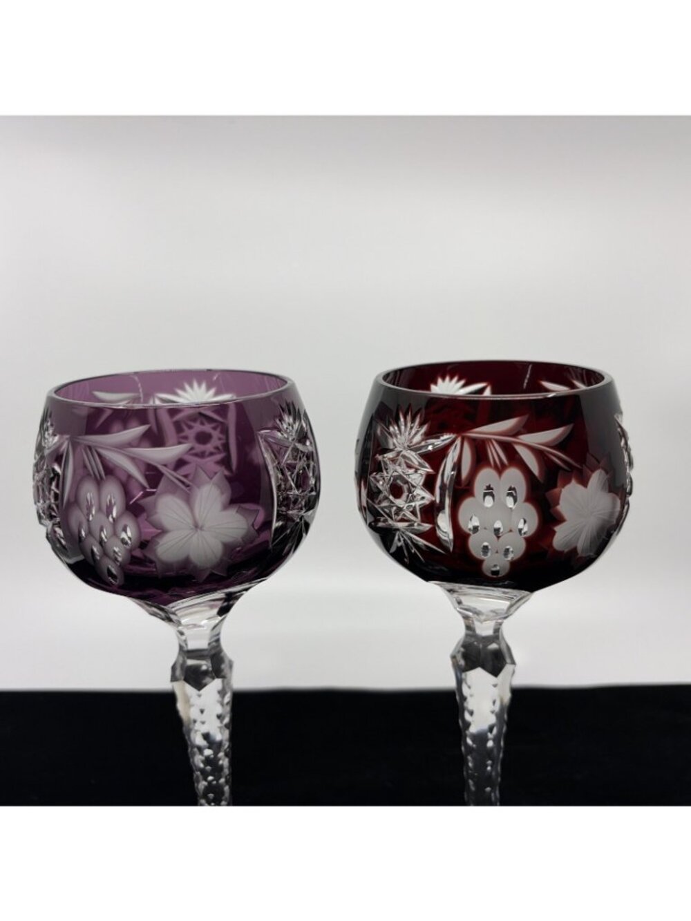 2 Ajka Marsala Tall Hock Wine Glasses Cut to Clear Ruby Red Amethyst 8" Vintage - Picture 6 of 8
